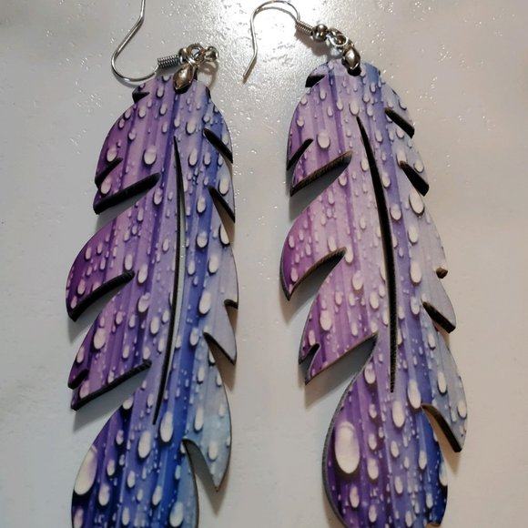 Rain Drop Feather Earrings - Picture 3 of 6